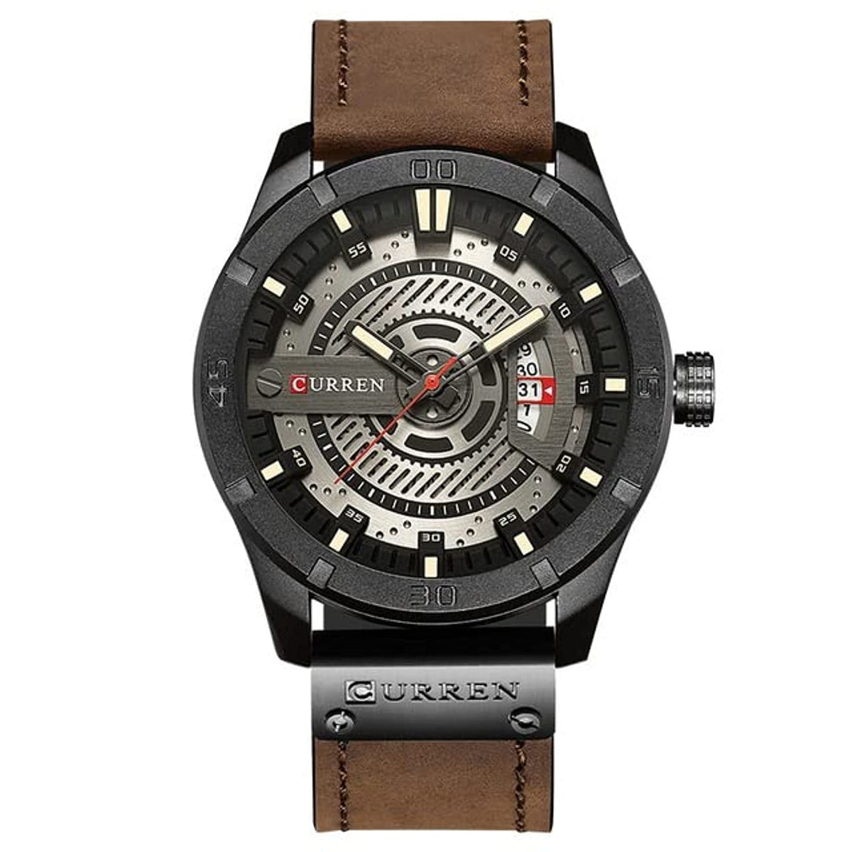 CURREN Men's Analog Watch Gun Metal Steel Case Silver Dial Brown Calendar Window Leather Strap - Brown