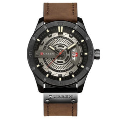CURREN Men's Analog Watch Gun Metal Steel Case Silver Dial Brown Calendar Window Leather Strap - Brown
