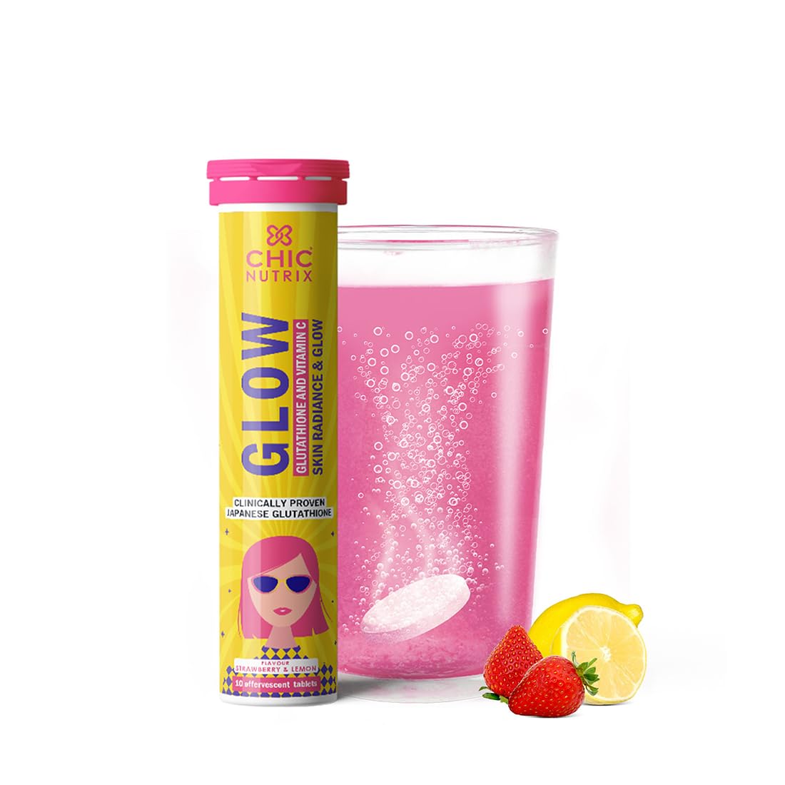 Chicnutrix Glow- 10 Effervescent Tablets| Japanese Glutathione & Vit. C| Antioxidants for clear, glowing skin| Sugar-free, Strawberry-lemon flavour.