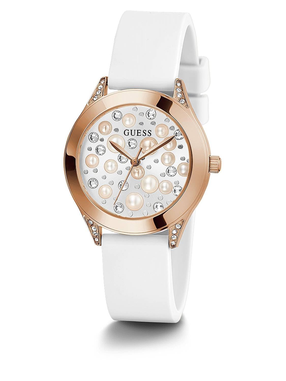 GUESS Ladies Trend Crystal 36mm Watch – Gold-Tone Stainless Steel Case Champagne Dial & Pink Silicone Strap