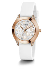GUESS Ladies Trend Crystal 36mm Watch – Gold-Tone Stainless Steel Case Champagne Dial & Pink Silicone Strap