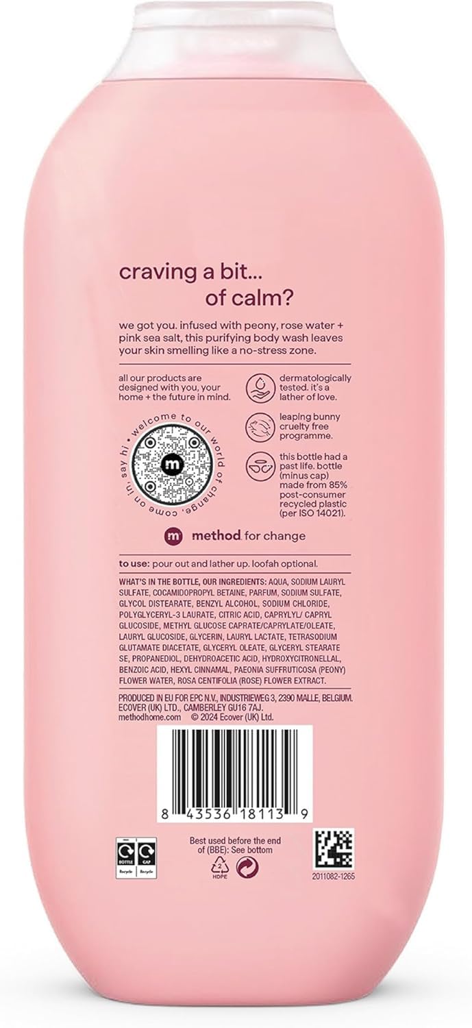 Method Pure Peace Body Wash Shower Gel with Peony, Rose Water & Pink Sea Salt Scent, 532ml