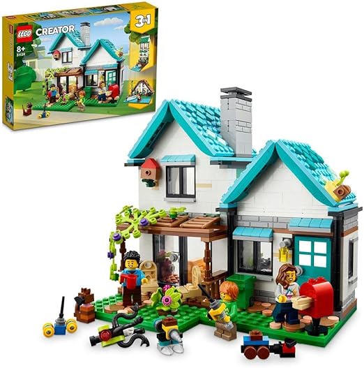 LEGO 31139 Creator 3 in 1 Cosy House Toy Set, Model Building Kit with 3 Different Houses plus Family Minifigures and Accessories, Gift for Kids, Boys and Girls