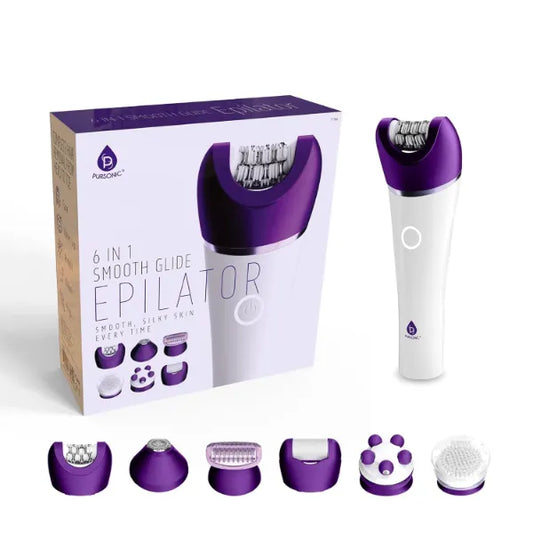 Pursonic 6-in-1 Smooth Glide Epilator for Women, Wet & Dry Electric Hair Removal Device with LED Light, Callus Remover, Exfoliating Brush, Shaver Head, Massage Attachment, Rechargeable Battery