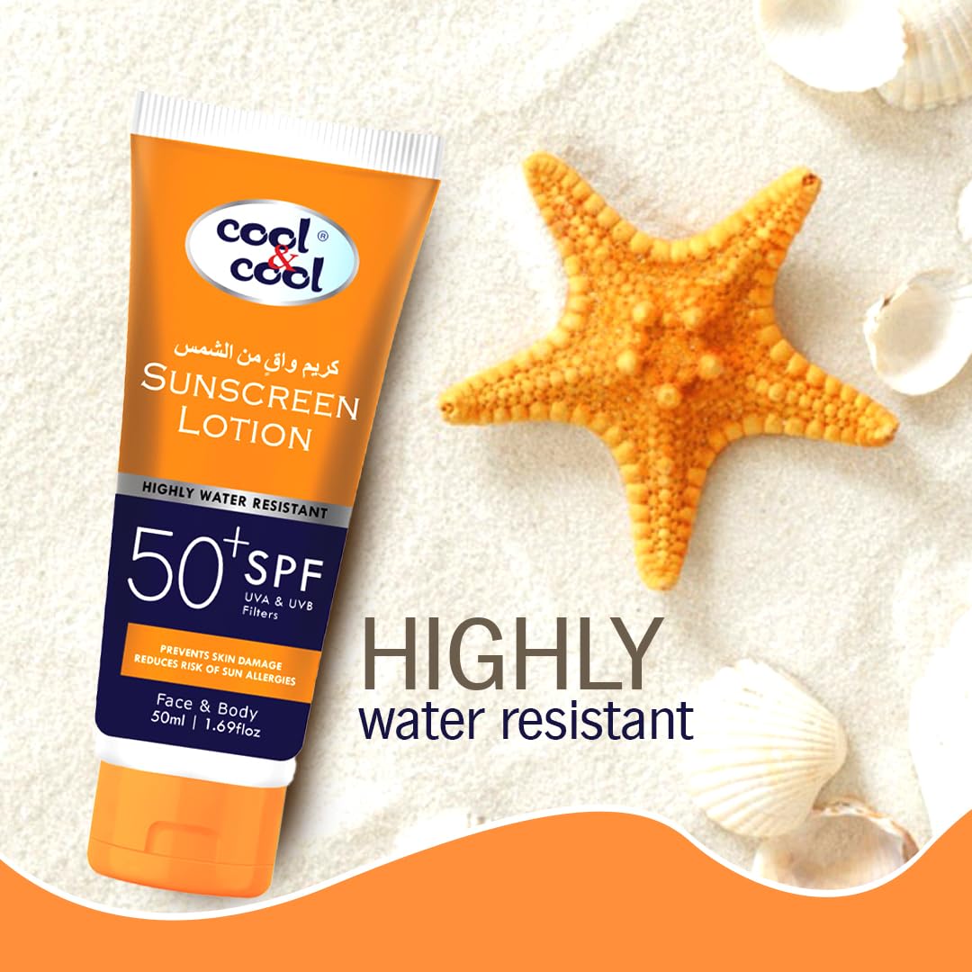 Cool & Cool Sunscreen Lotion SPF 50 - Highly Water Resistant, Broad-Spectrum UVA & UVB Protection, Prevents Skin Damage & Sun Allergies, Face & Body - 50ML