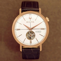 Bulova Men's Classic Aerojet 3-Hand Automatic Leather Strap Watch, Open Aperture, 40-Hour Power Reserve, Double Curved Mineral Crystal, 41mm - Brown/Rose Gold
