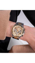 Guess Equity Multi-Function Analog Watch for Men, 44 mm Case Width, Black/Champagne