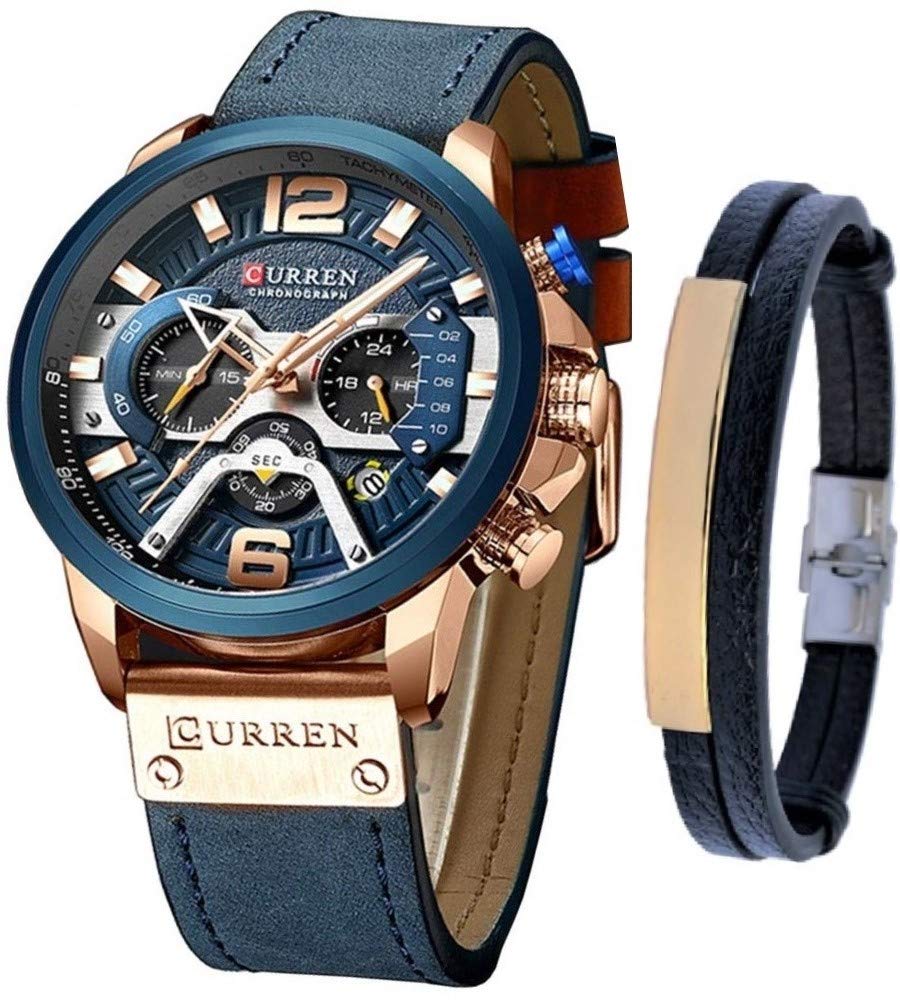 CURREN Watches Men Quartz Leather Chronograph Watch and Fashion Bracelet Set Analog Watches for Men Luxury Wristwatch Gifts for Dad Boyfriend, Blue, Quartz Watch,Chronograph