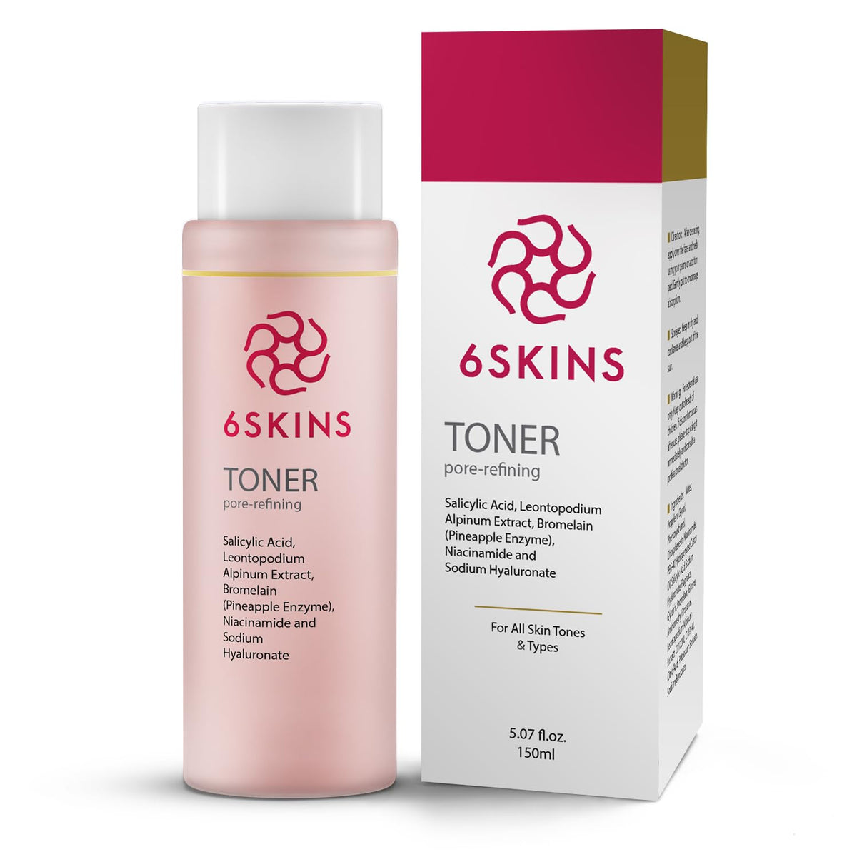 6 Skins® Pore Refining Toner for Large Pores, Wrinkles, and Oil Control - Salicylic Acid (BHA) with Hyaluronic Acid, Niacinamide, and Hyaluronic Acid | Facial Exfoliator | Hydrating Facial Toner for Glowing Skin