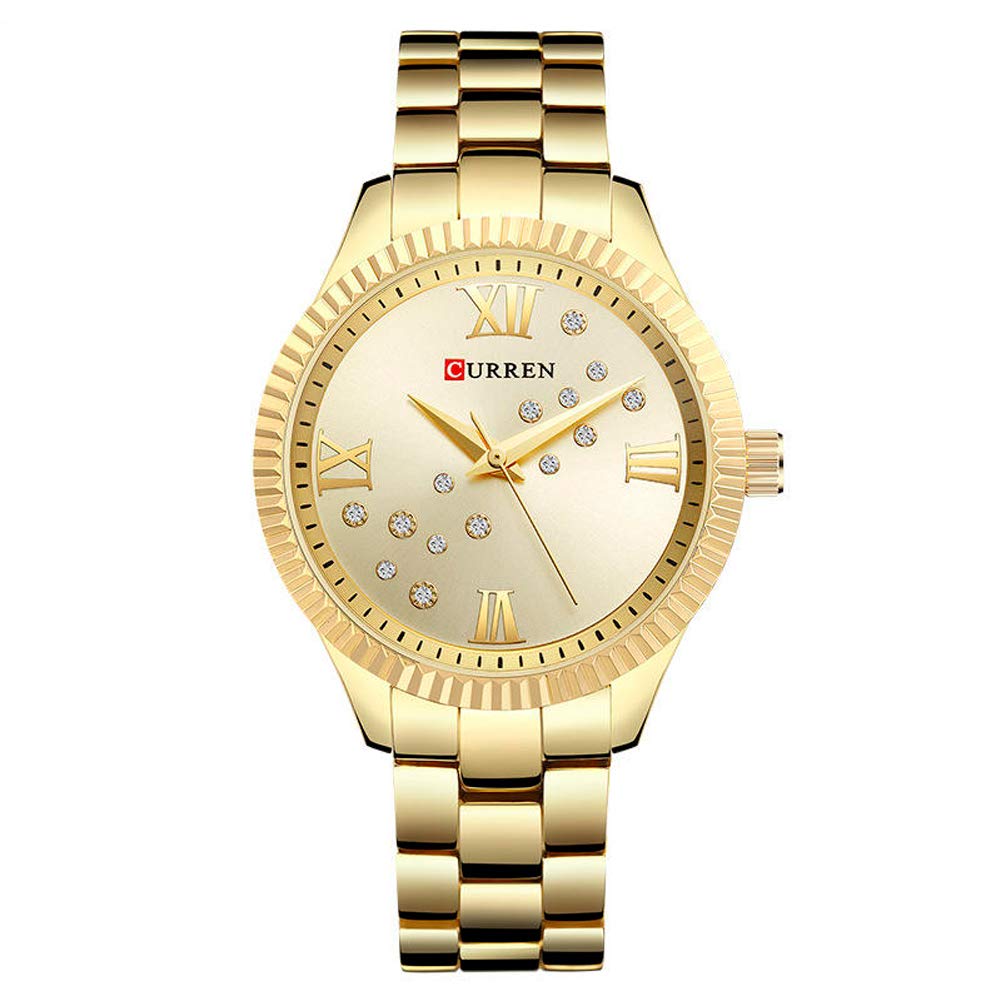 CURREN Women's Watch, Ladies, Shiny Analogue Bracelet, Case with Zirconia, Elegant, Casual with Metal Extendable, Butterfly Brooch, Golden, M, casual