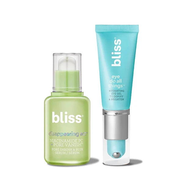 Bliss Disappearing Act Niacinamide Serum & Eye Do All Things Eye Gel: Pore Minimizer Smooths Complexion - Depuff + Brighten Eyes - Vegan & Cruelty Free
