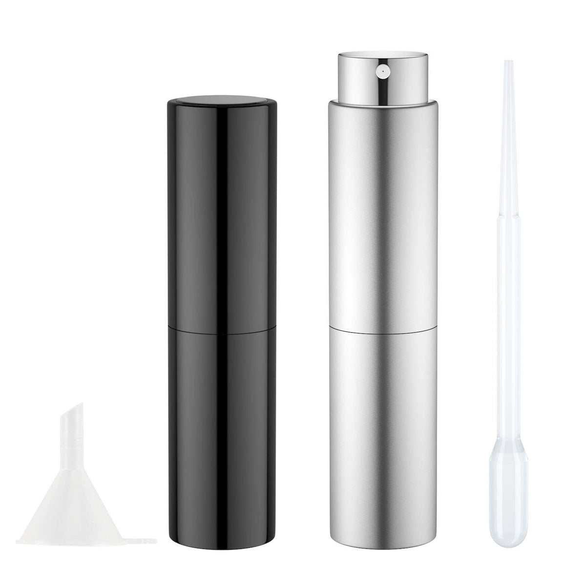 Perfume Atomiser Refillable 20 ml Faireach Perfume Bottle Atomiser for On the Go Travel Practical Pocket Atomiser Empty with Funnel Leak-Proof Pack of 2 Black Silver