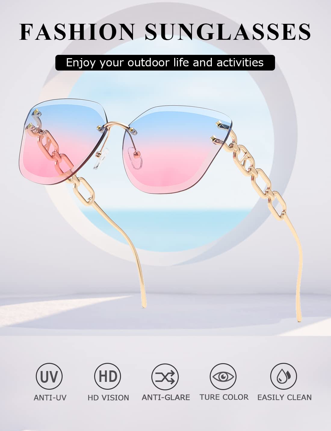 AEVOGUE Oversized Rimless Diamond Cutting Sunglasses for Women (AE0534) - Blue/Pink