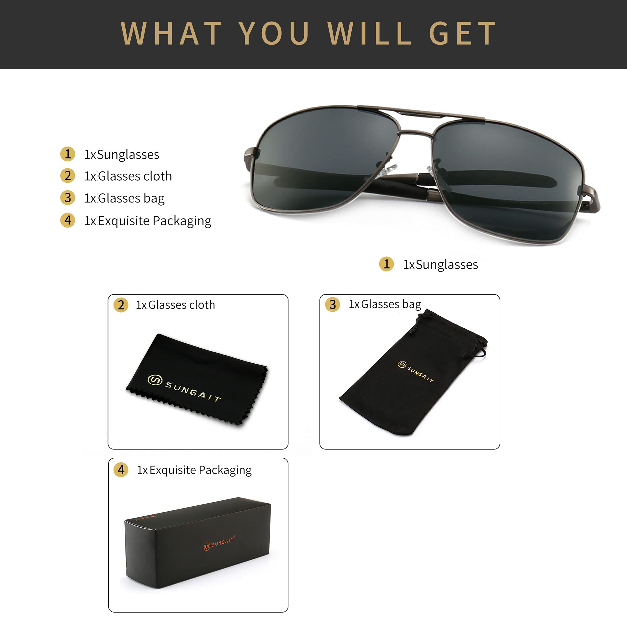 SUNGAIT Men's Polarized Square Aviator Sunglasses Durable Metal Frame for Fishing Driving Golf 100% UV Protection