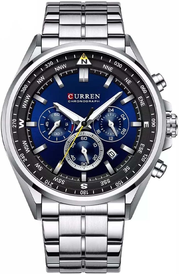 CURREN 8399 Men's Watches Fashion Sporty Wristwatches Male Chronograph Quartz Stainless Steel Clock with Luminous Hands - Band Silver Blue