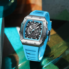 CURREN New Rectangular Luminous Watch Men Sports Casual Silicone Bracelet Semi Hollow Auto Date Dail Wristwatch 8438 - Sky blue