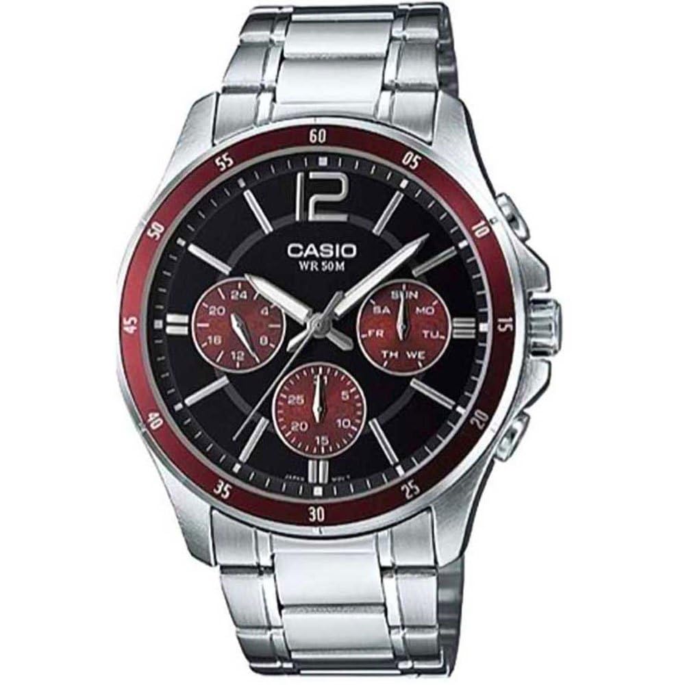 Casio Stainless Steel Analog Watch Silver/Black/Red