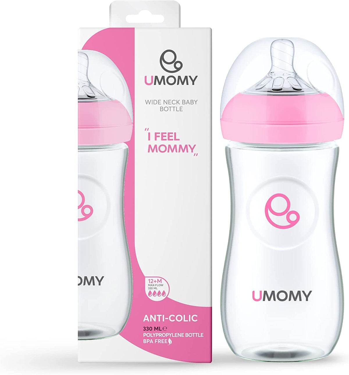 Umomy 12+M Baby Anti-Colic Bottles | Wide Neck Breast-Like Nipple | Fast Flow Silicone Teat | BPA-Free PP Infant Bottles for Toddlers 330ML (Pink)