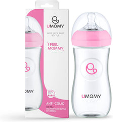 Umomy 12+M Baby Anti-Colic Bottles | Wide Neck Breast-Like Nipple | Fast Flow Silicone Teat | BPA-Free PP Infant Bottles for Toddlers 330ML (Pink)