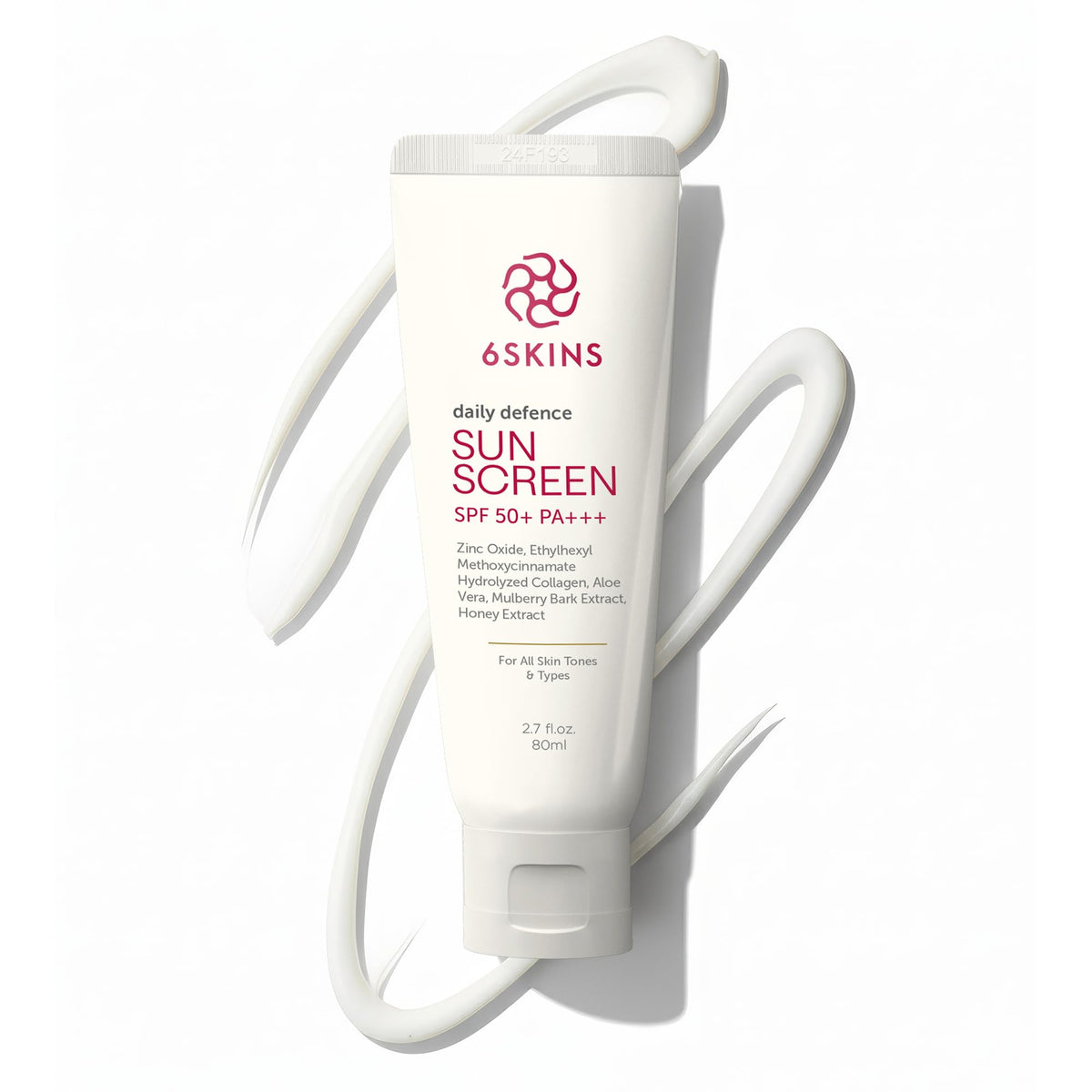 6SKINS® Daily Defence SUN SCREEN SPF 50+ PA+++ for Broad Spectrum UVA/UVB | 5% Titanium Dioxide, 2% Zinc Oxide Korean Sunscreen | Collagen-Boosting Face Moisturizer with No-White Cast, Non Greasy 80ml