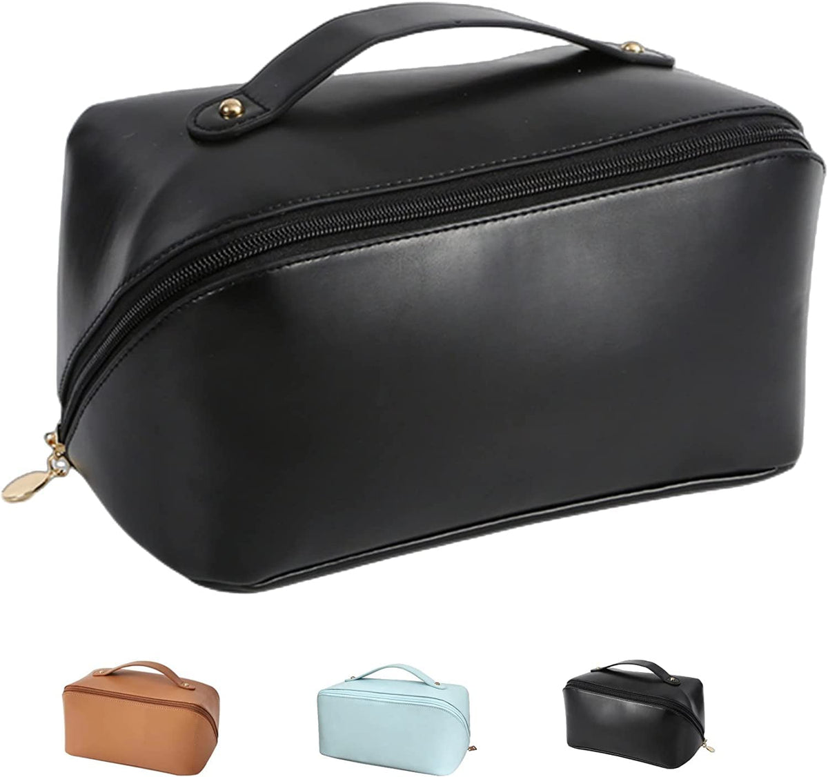 Large Capacity Travel Cosmetic Bag, Double Layer Train Case Makeup Bag, Waterproof Portable Leather Makeup Bags, Toiletry Bag for Makeup Brushes, Multifunctional Storage Makeup Bags for Women (Black)