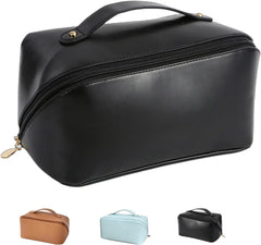 Large Capacity Travel Cosmetic Bag, Double Layer Train Case Makeup Bag, Waterproof Portable Leather Makeup Bags, Toiletry Bag for Makeup Brushes, Multifunctional Storage Makeup Bags for Women (Black)
