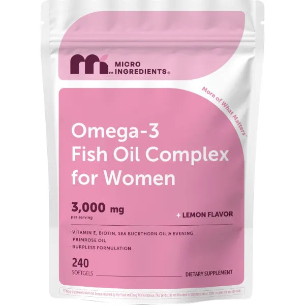 Micro Ingredients Omega-3 Fish Oil Complex for Women, 240 Softgels | EPA DHA + Omega-7 | with Vitamin E, Evening Primrose Oil, Biotin, Sea Buckthorn Oil | Lemon Flavor | Non-GMO, Gluten Free