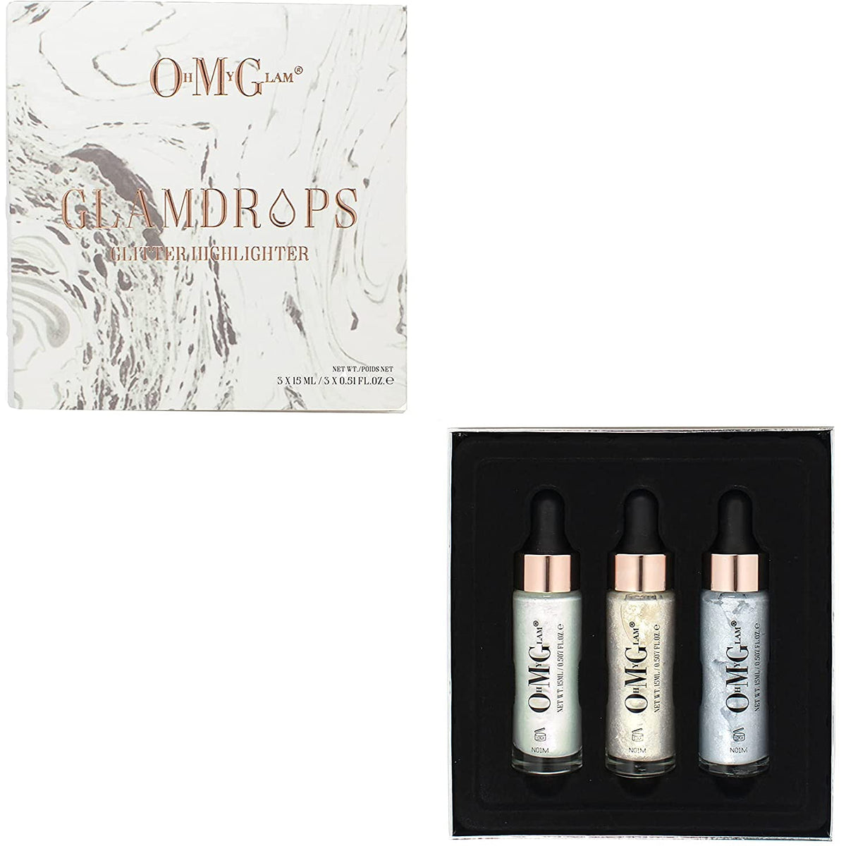 OH MY GLAM GLAMDROPS Glitter Highlighter Set 3 Colour Liquid Luminous Highlighting Drops Pigmented Lightweight Shimmer Illuminating Make Up for Face and Body