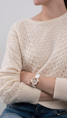 GUESS Ladies Trend Crystal 36mm Watch – Gold-Tone Stainless Steel Case Champagne Dial & Pink Silicone Strap