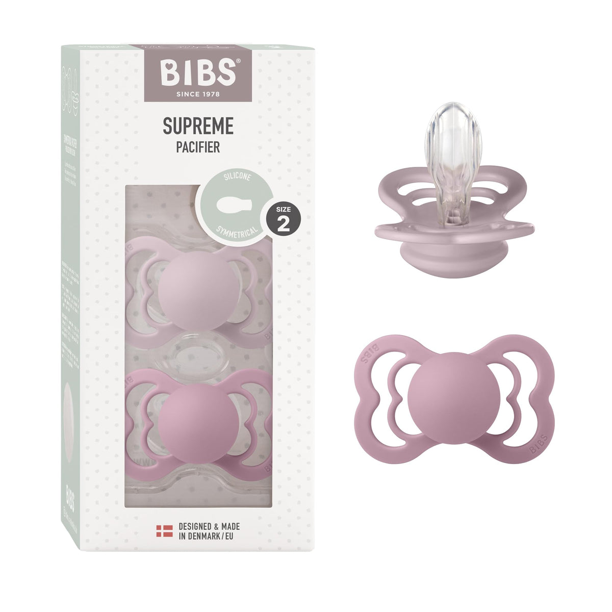 Bibs Supreme Silicone Pacifier Sz2 Toddler (+6M) 2pcs - Dusky Lilac/Heather