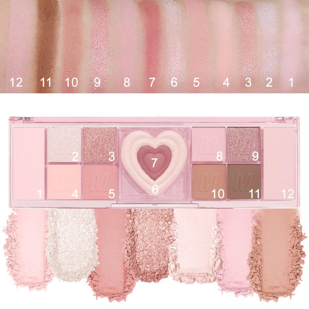 12 Colors Nude Natural Pink Matte Shimmer Eyeshadow Palette, High Pigmented Brown Eye Shadow Primers Powder Palet for Eye Makeup, Blendable Powder, Flawless & Natural Long-Lasting Makeup Palette