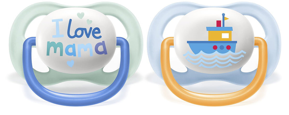 Philips Avent Ultra Air Pacifier, for 0-6m, Orthodontic & BPA-Free, 2 pcs, Including Sterilizer/Carrying Case, SCF080/01 Light Green/Dark Blue and Light Blue/Orange