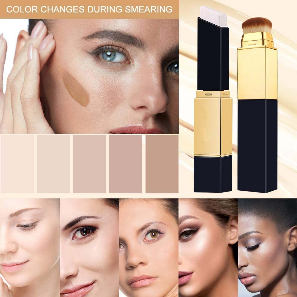 2 in1 Foundation & Concealer Stick,Double-Head Color-changing Moisturizing Stick,with Cosmetic Brushes,Long Lasting Makeup Full Coverage Foundation Stick,Lightweight,Smooth Coverage (Mixed 2Pcs)