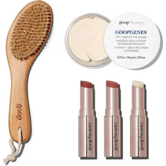 goop Beauty Gift Set 1 Dry Brush for Exfoliating 30 Pack of Eye Masks for Dark Circles and Puffiness 1 Lip Balm Trio (Clear, Garnet, & Sheer Rose)
