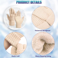 Women's Winter Touchscreen Gloves, Warm Fleece Lined Knit Gloves, Elastic Cuff Winter Texting Gloves, Warm Windproof Solid Color Mittens, Warm Touch Screen Knit Fleece Gloves for Cold Weather (2 Pair)
