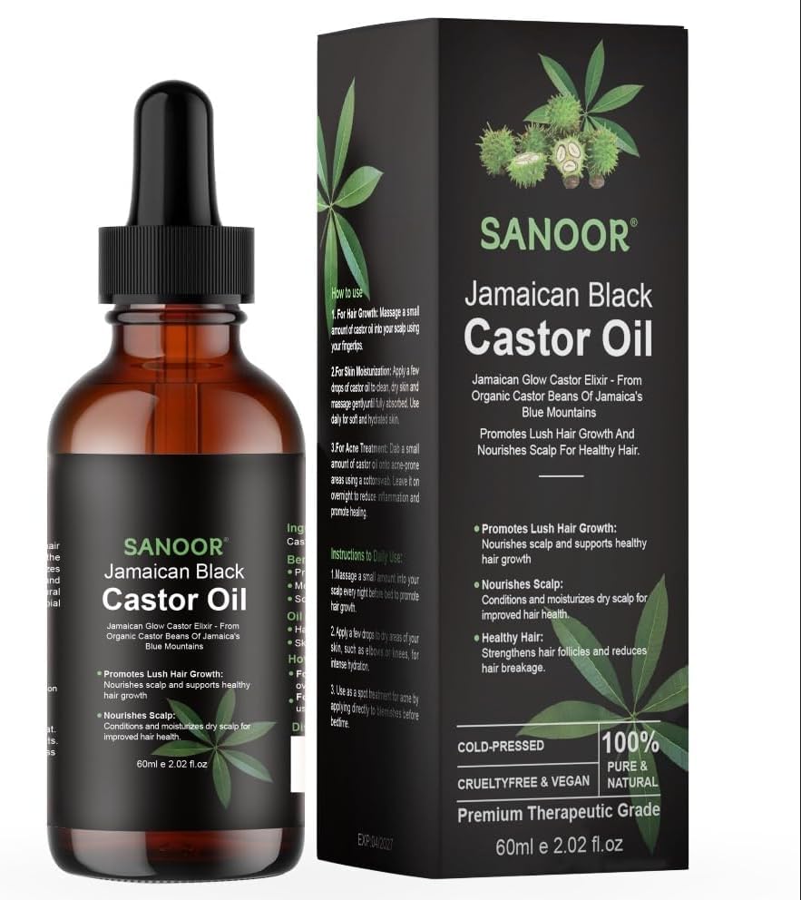 SANOOR Jamaican Glow Castor Elixir Oil | 100% Pure (2.02oz)| Infused with Nutrients Pure Hair Butter | Cold-pressed | FDA APPROVED | 60ml