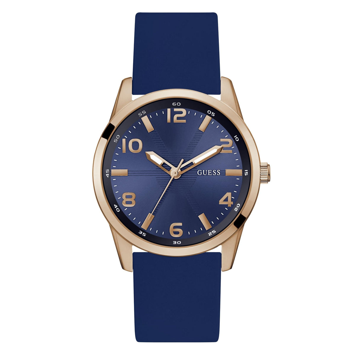 GUESS BR RS GLD CS W/P RS GLD TR/SUN BLUE DL/BLUE SMTH SILICONE STRP