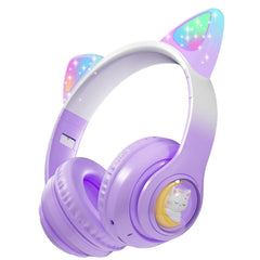 Wireless Kids Headphones with LED Light up Cat Ear, Color Changing Over Ear Bluetooth Headphones with MIC, Volume Control Foldable Bluetooth Cat Headset for Kids/Girls/School/Christmas (Purple)