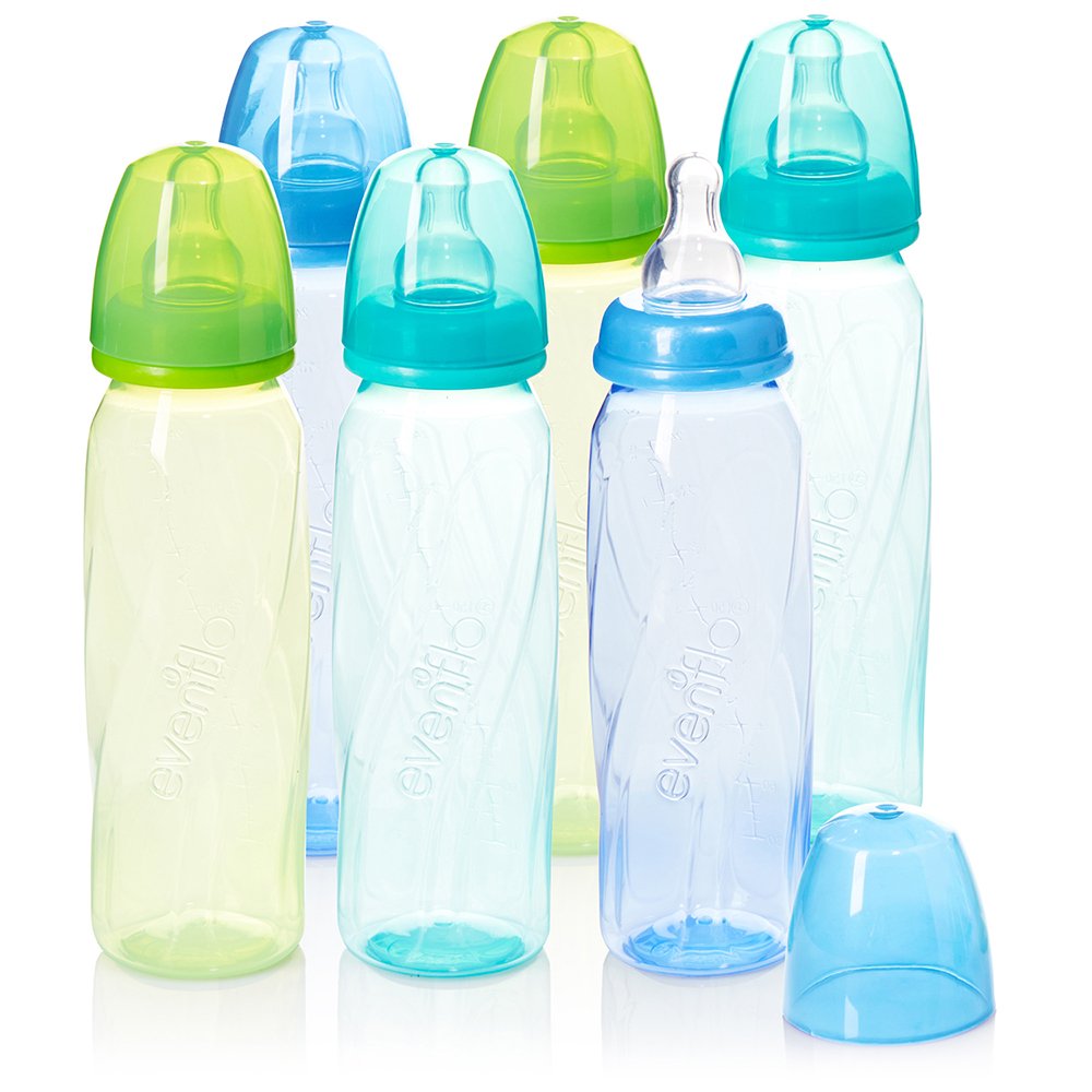 Evenflo Feeding Premium Proflo Vented Plus Polypropylene Baby, Newborn and Infant Bottles - Helps Reduce Colic - Teal/Green/Blue, 8 Ounce (Pack of 6)