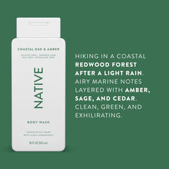 Native Body Wash Contains Naturally Derived Ingredients | For Women & Men, Sulfate, Paraben, & Dye Free Leaving Skin Soft and Hydrating | Coastal Oak & Amber 18 oz - 2 Pk