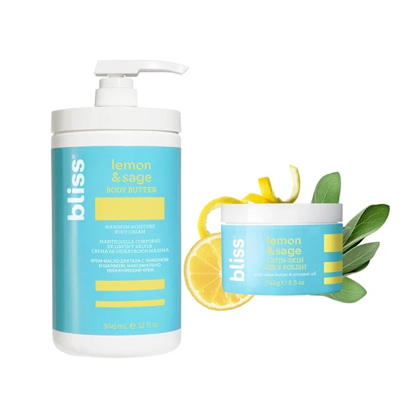 Bliss Silken Skin Duo - Lemon and Sage Body Butter - Maximum Moisture Cream - 32 Fl Oz and Satin-Skin Body Polish - Lemon and Sage - Body Scrub with Shea Butter and Coconut Oil