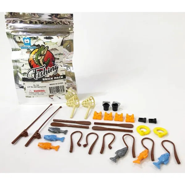 Brick Loot Fishing Boat Accessories Pack for Minifigures, Mini Fish, Fishing Poles, Oars, Life Jackets, Nets, Playset Compatible with Lego and Major Brands, 6+ Kids and Adults