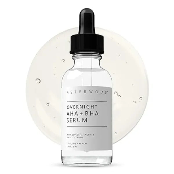 Asterwood Overnight Exfoliating Serum AHA (Lactic Acid & Glycolic Acid) BHA (Salicylic Acid) Supports Improvement of Hyperpigmentation, Dark Spots Fragrance Free 1 Fl Oz