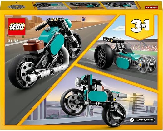 LEGO 31135 Creator 3 in 1 Vintage Motorcycle Set, Classic Motorbike Toy to Street Bike to Dragster Car, Vehicle Building Toys for Kids, Boys and Girls