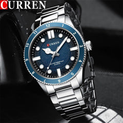 CURREN-Quartz Wrist Watches for Men, Round Luminous Hand, Stainless Steel Strap, Casual Business Watch, New Watches for Men, 8450 - SILVER BLUE