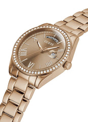 GUESS 36mm Stainless Steel Day-Date Watch with Coin Edge Bezel, Silver-Tone/Blue