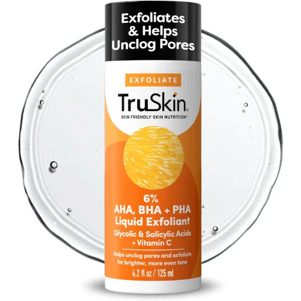 TruSkin BHA Liquid Exfoliant & Toner for Face - Triple Acid AHA BHA PHA Chemical Exfoliator with Salicylic, Glycolic Acid & Vitamin C - Improves Tone & Texture, Unclogs Pores, 4.2 fl oz
