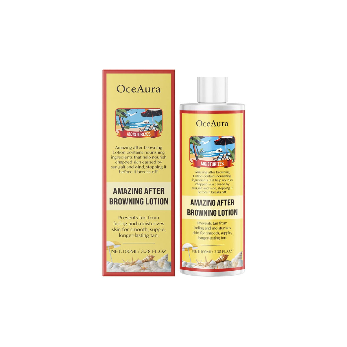 After-sun lotion with aloe vera and coconut extract for tanning, promotes deep nourishment and fast tanning results.