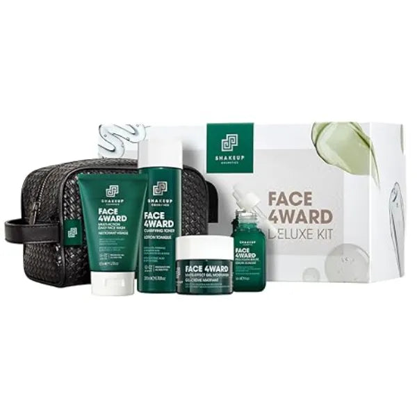 Shakeup Cosmetics Mens Skincare Routine with Free Wash Bag, including Daily Face Wash, Clarifying Toner, Anti Ageing Serum, Daily Moisturiser, plus Wash Bag. Aka. SHAKEUP FACE 4WARD DELUXE KIT