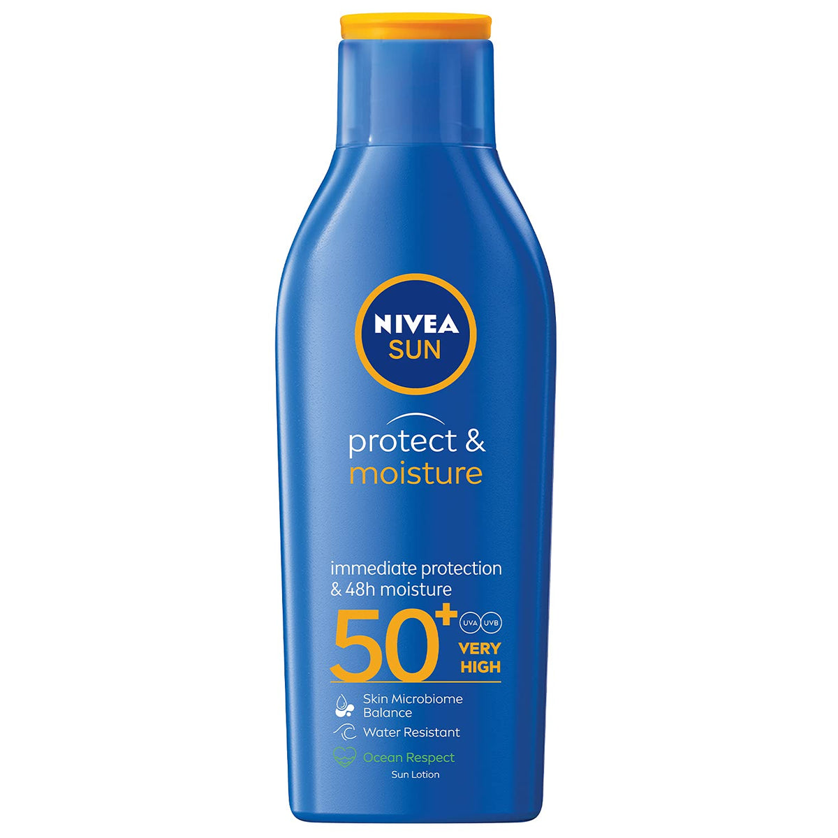 NIVEA SUN Lotion, Protect & Moisture, SPF 50+, Very High and Immediate UVA & UVB Protection, 48H Moisture, Water Resistant, Skin Microbiome Balance, 200ml